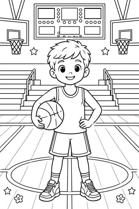 Kid holding a basketball in front of a gym scoreboard that shows only blank boxes and lights, no letters or numbers, with hoops and bleachers coloring page