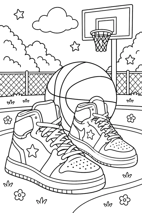 Basketball shoes and ball coloring page