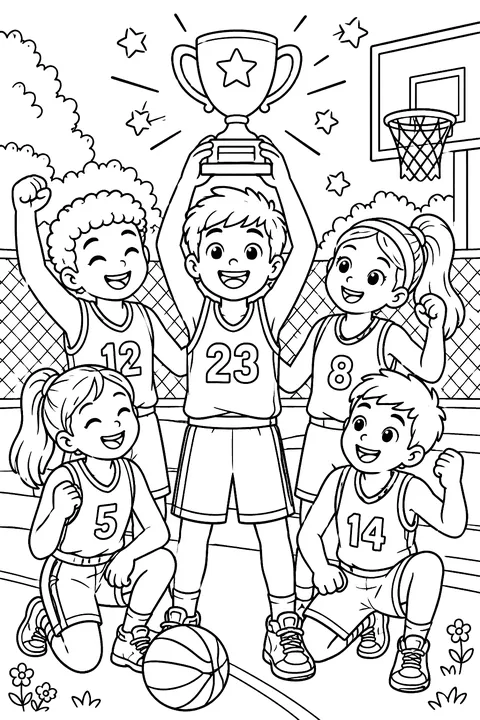 Basketball team celebrating coloring page
