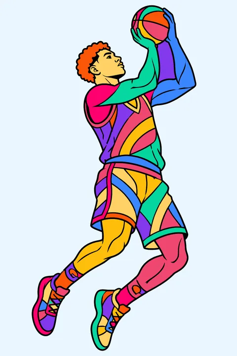 Detailed basketball player jumping for a shot coloring page