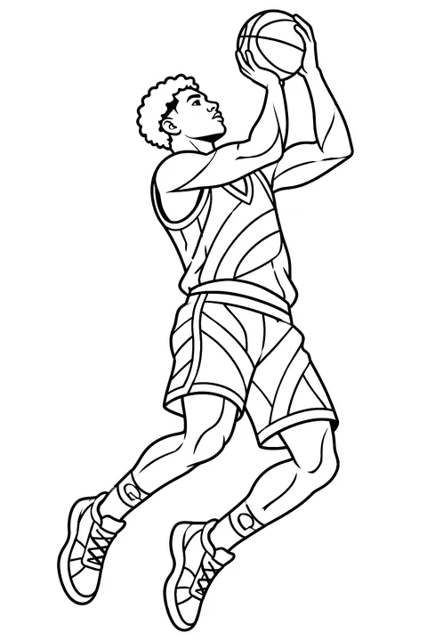 Detailed basketball player jumping for a shot coloring page