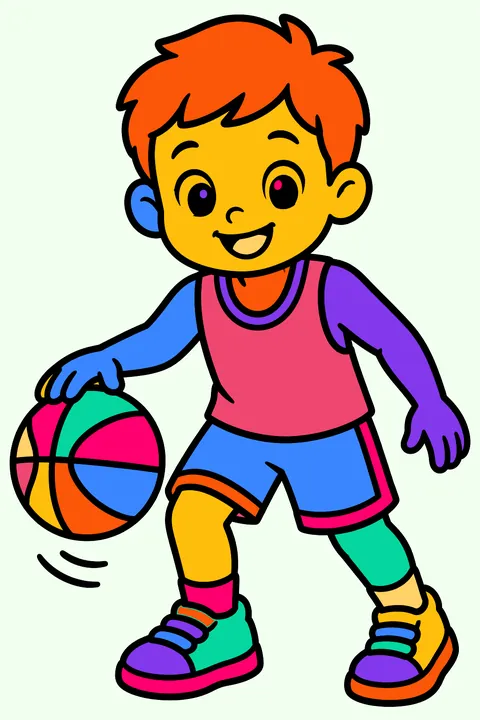 Kid dribbling a basketball coloring page