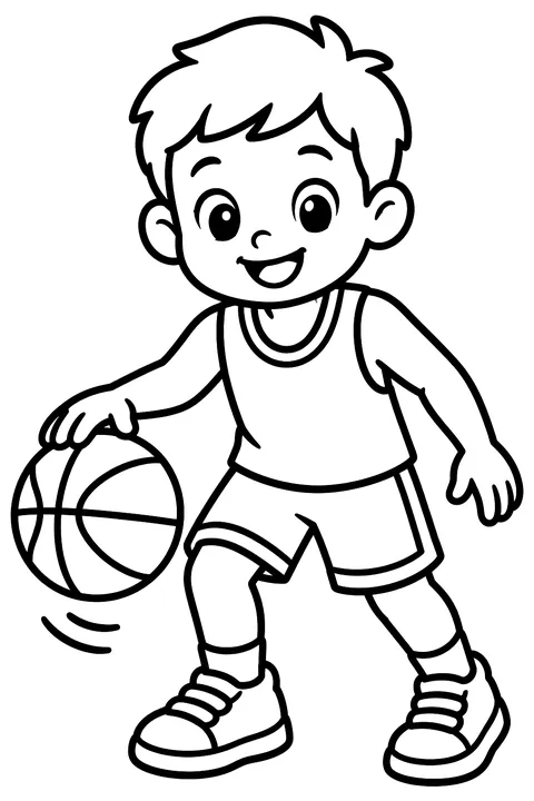 Kid dribbling a basketball coloring page