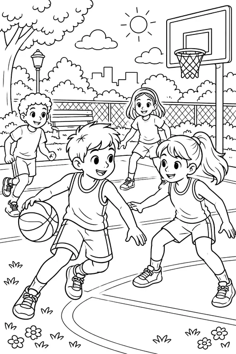 Kids playing basketball in a park coloring page