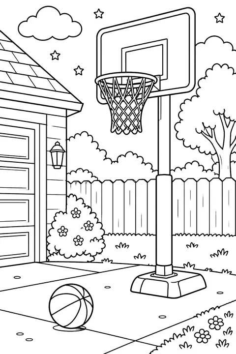 Street basketball hoop in a driveway coloring page