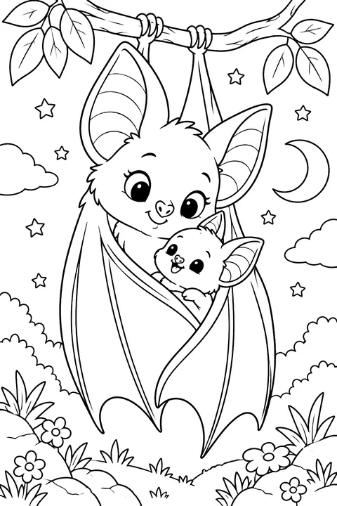 Mother bat with a baby coloring page