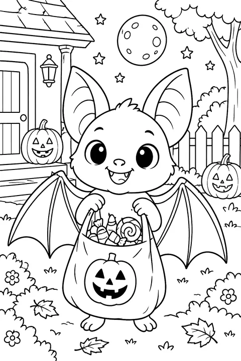 Bat with a bag of Halloween candy coloring page
