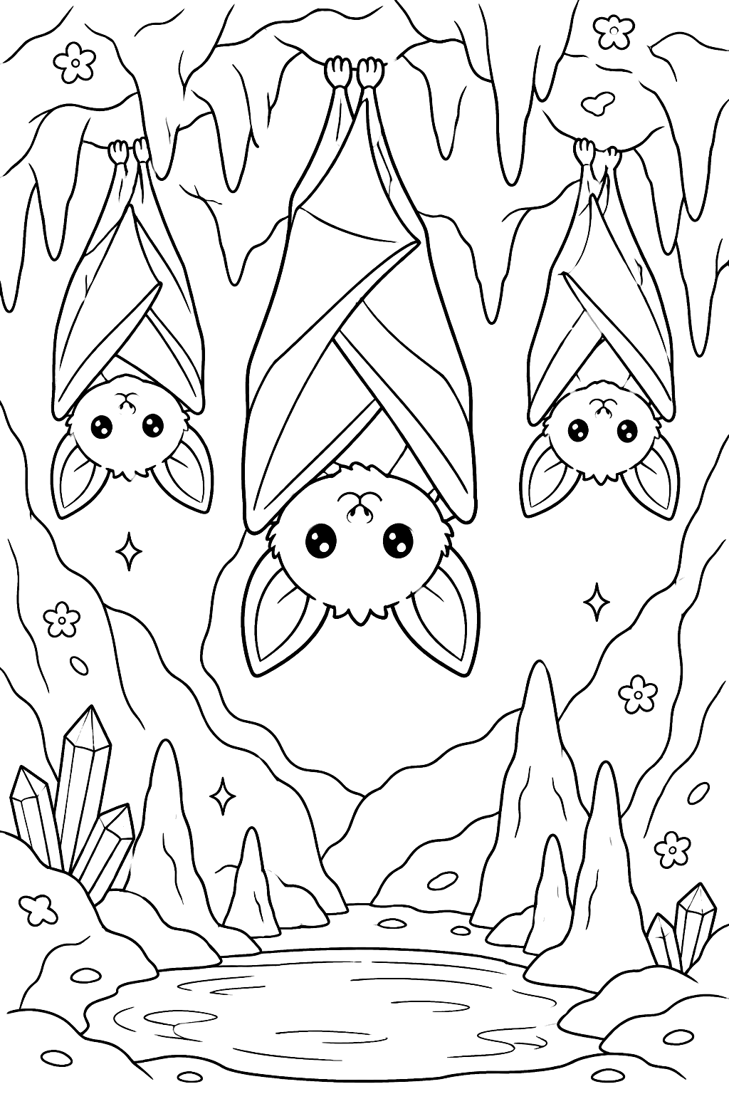Bats hanging upside down in a cave coloring page