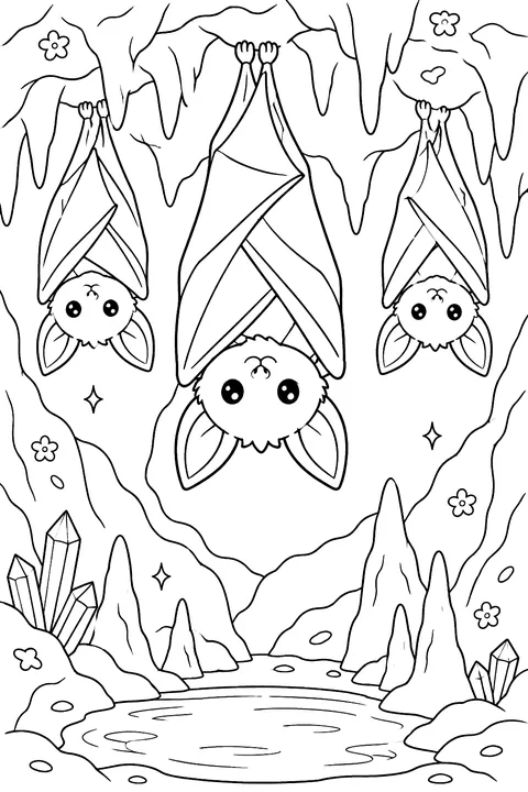 Bats hanging upside down in a cave coloring page