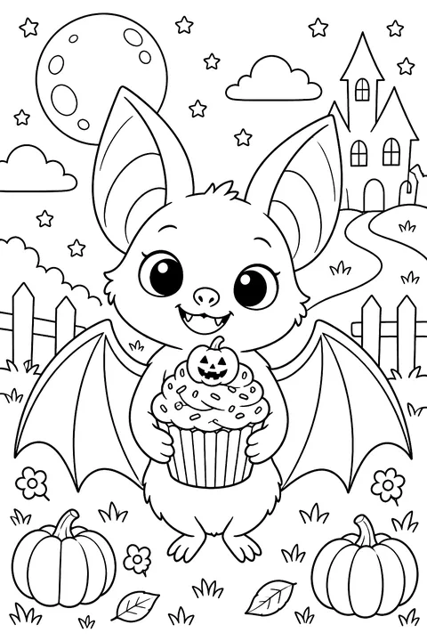Bat with a Halloween cupcake coloring page