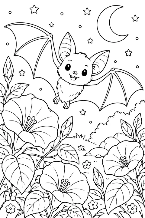 Bat among night flowers coloring page