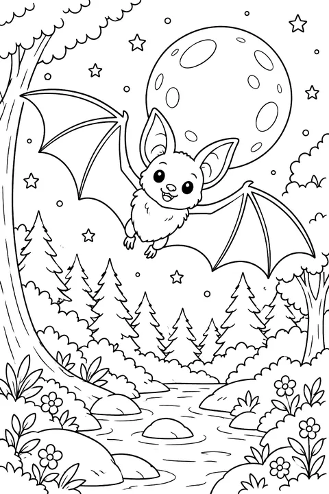 Bat flying in a moonlit forest coloring page
