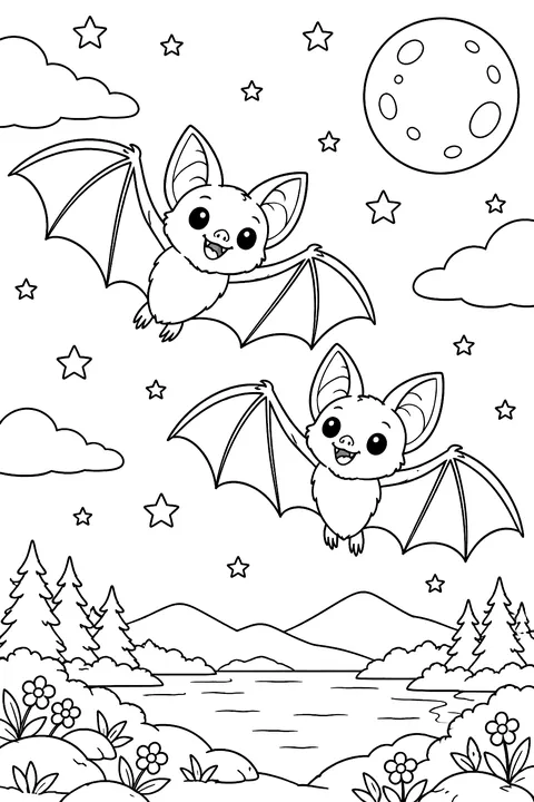 Two bats flying together at night with stars coloring page