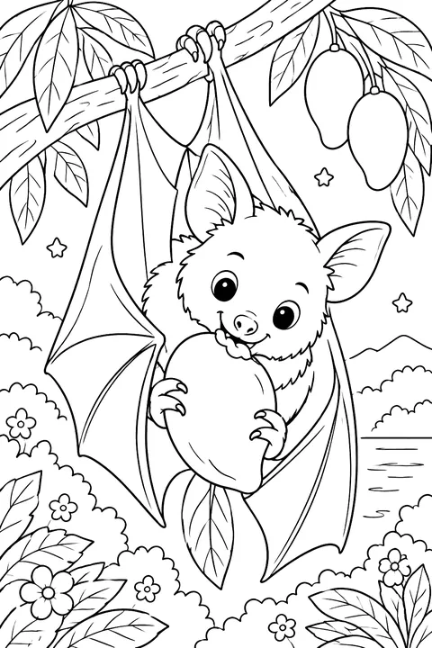 Fruit bat eating a mango coloring page