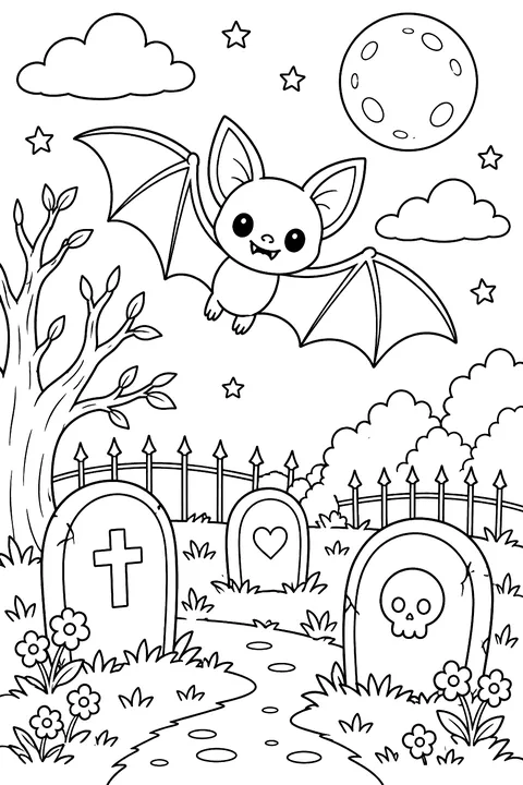 Bat flying over a friendly cartoon graveyard coloring page