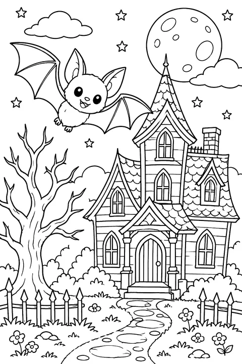 Bat flying near a haunted house coloring page