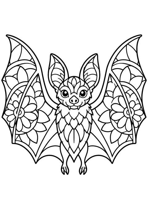 Bat with mandala-patterned wings coloring page