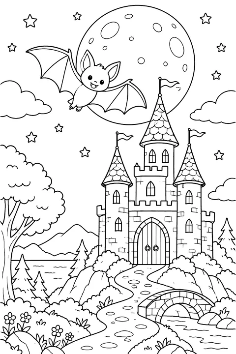 Bat flying in front of a full moon over a castle coloring page