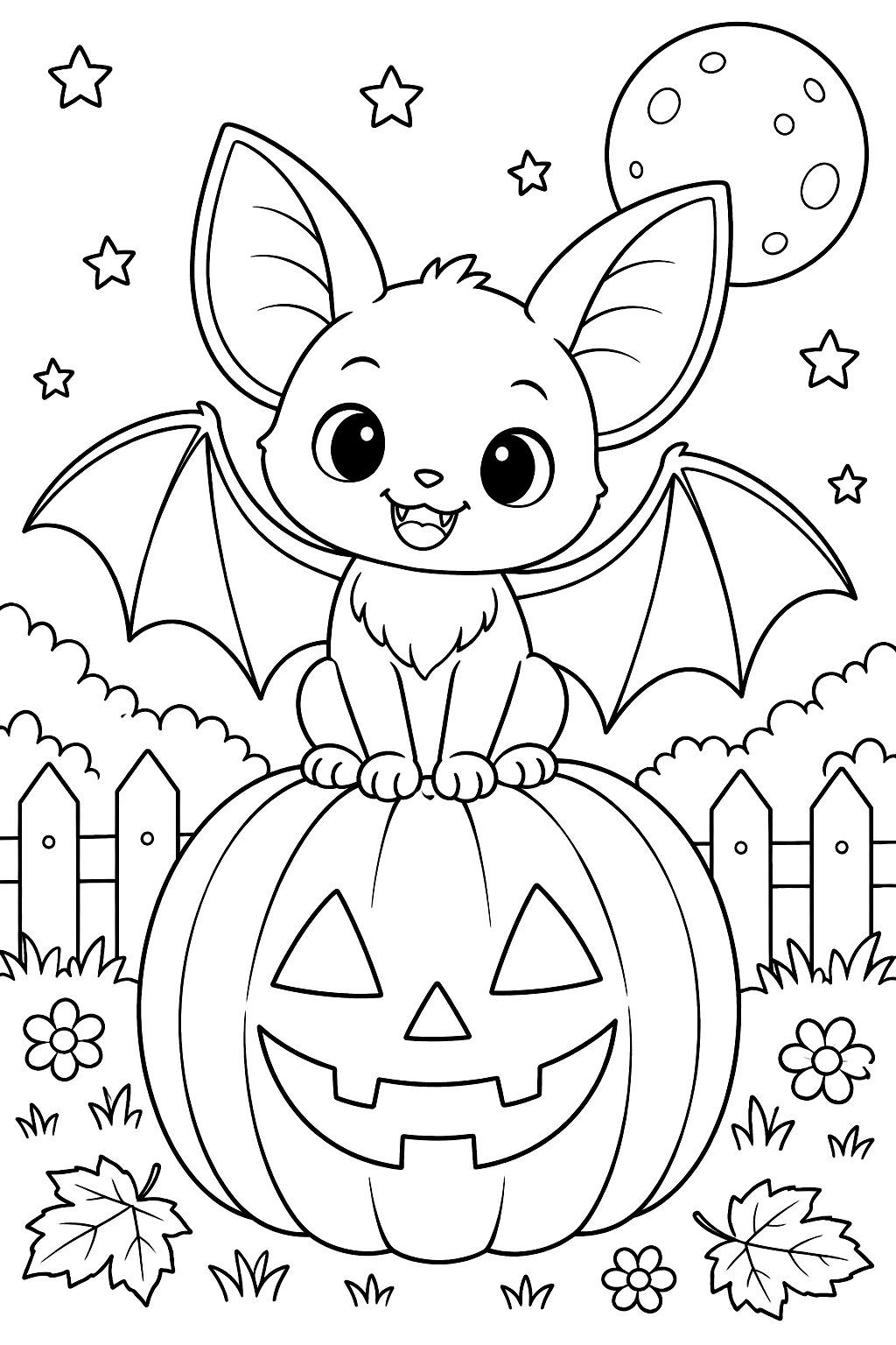 Cute bat sitting on a jack-o'-lantern coloring page