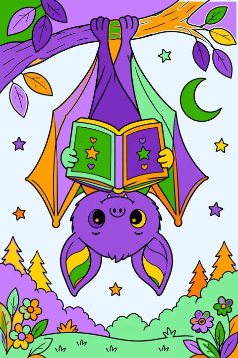 Cute bat reading a book upside down coloring page