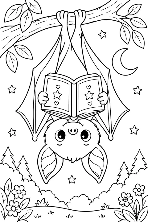 Cute bat reading a book upside down coloring page
