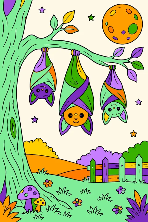 Bats hanging from a spooky tree branch coloring page