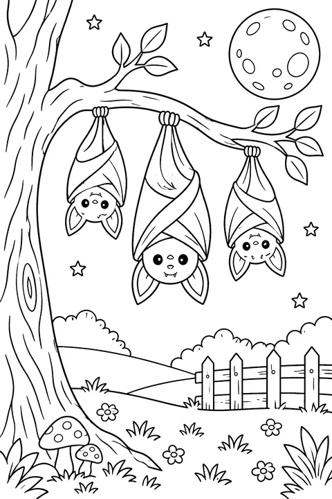 Bats hanging from a spooky tree branch coloring page