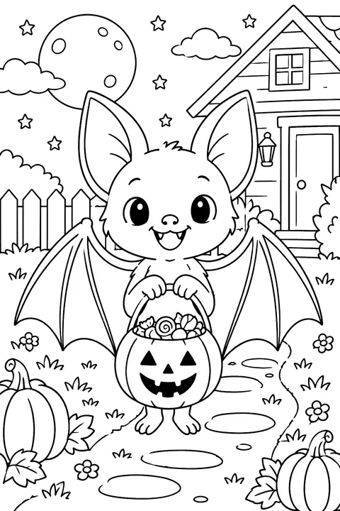 Bat with a trick-or-treat bucket coloring page