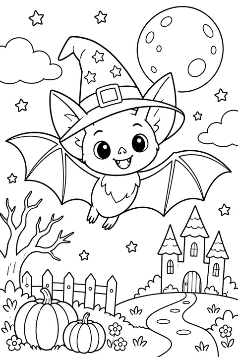Bat wearing a witch hat coloring page