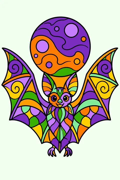 Bat with zentangle patterns and a moon coloring page