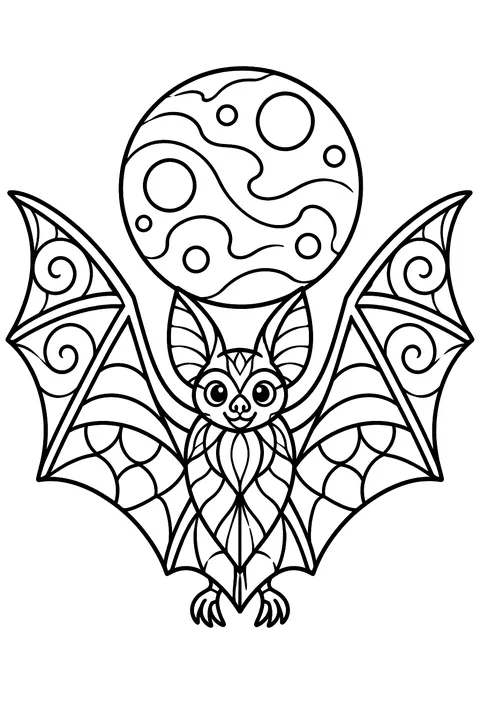 Bat with zentangle patterns and a moon coloring page