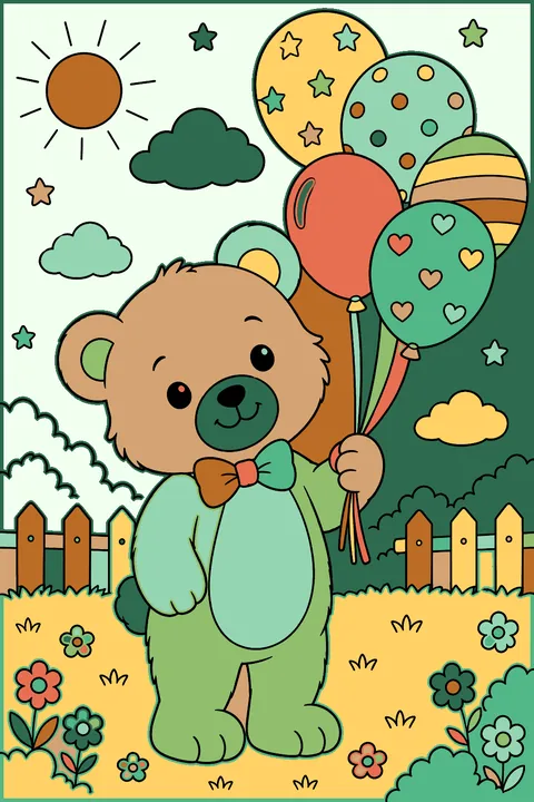 Bear holding balloons coloring page