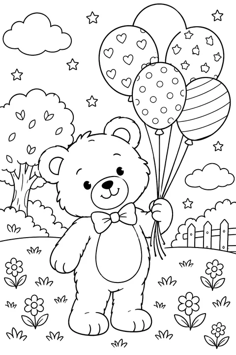 Bear holding balloons coloring page