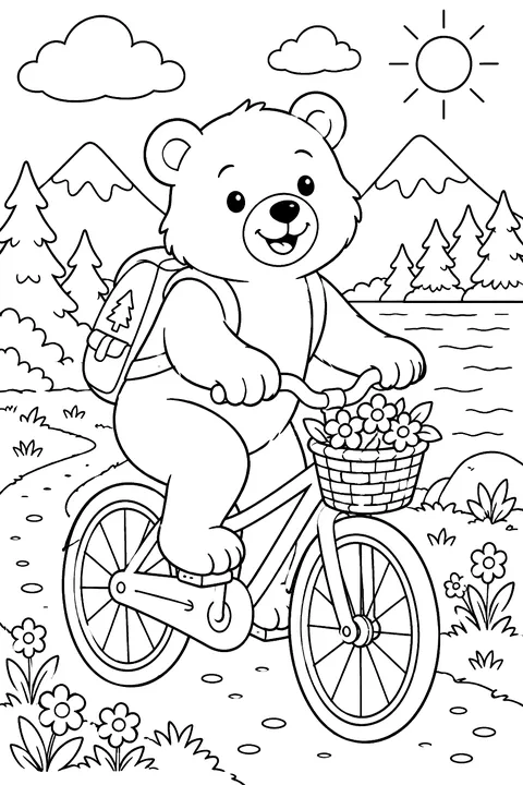 Bear riding a bicycle coloring page