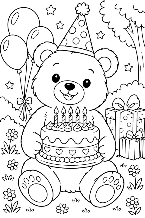 Bear with a birthday cake coloring page