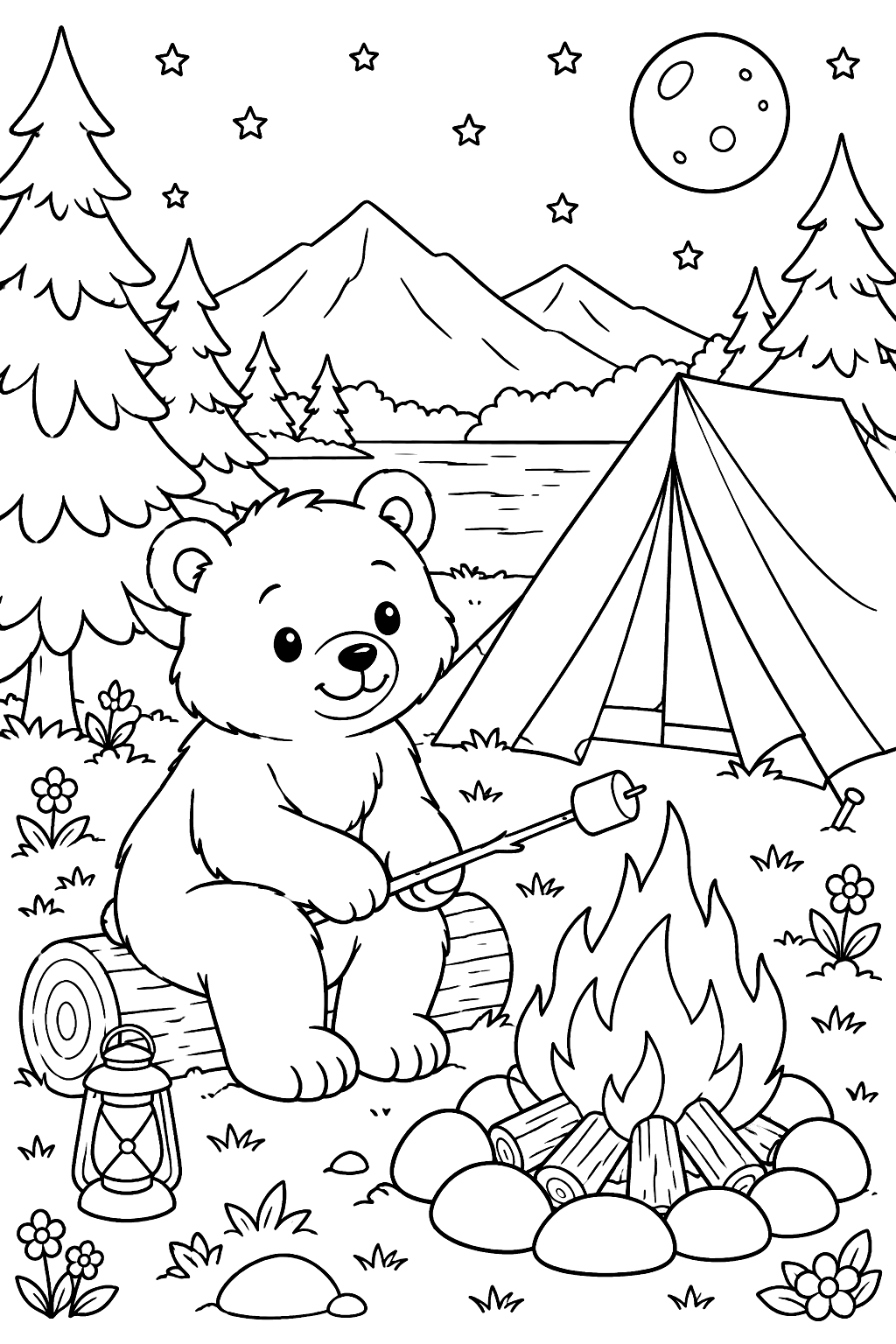 Bear by a tent and campfire coloring page