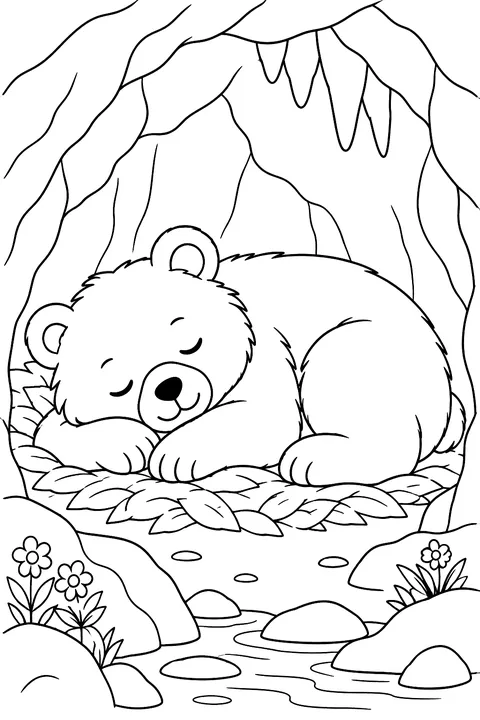 Bear sleeping in a cave coloring page
