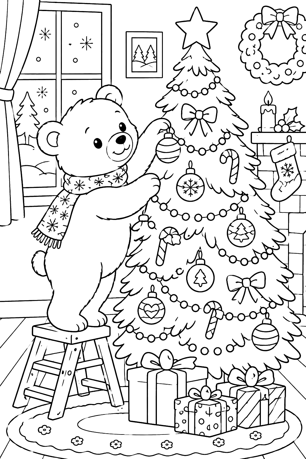 Bear decorating a Christmas tree coloring page