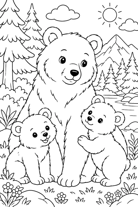 Mother bear with two cubs in a forest coloring page