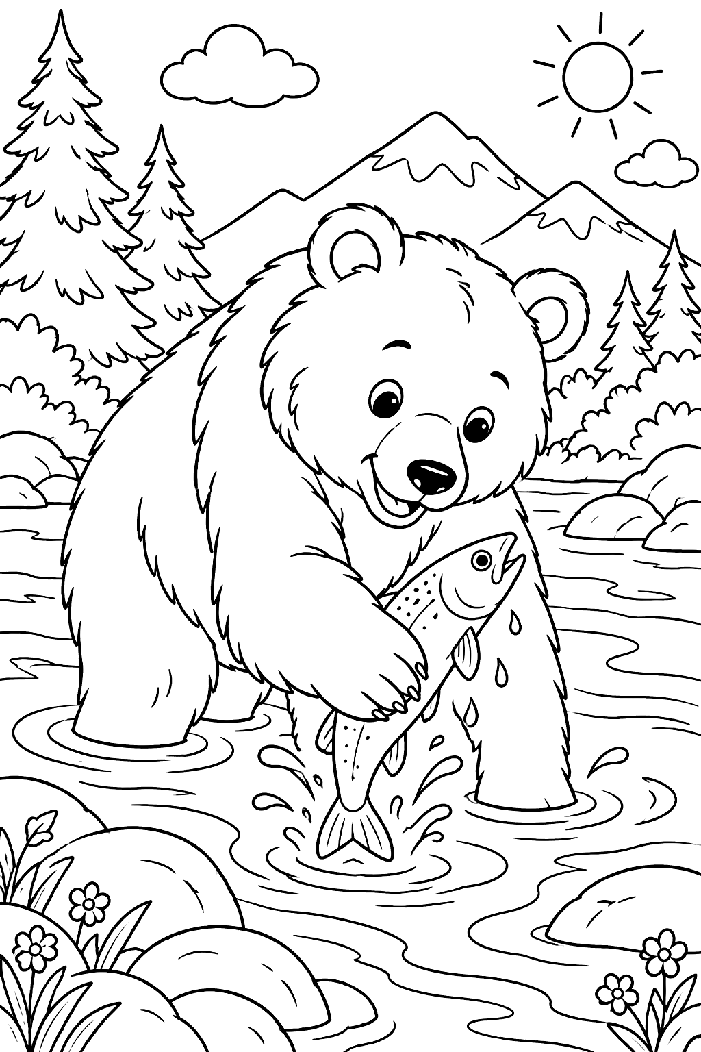 Bear catching fish in a river coloring page