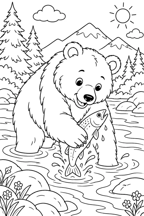 Bear catching fish in a river coloring page