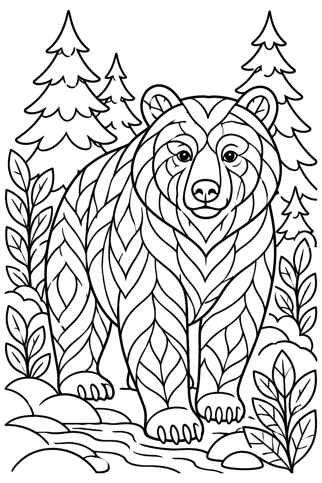 Bear in an intricate patterned forest coloring page