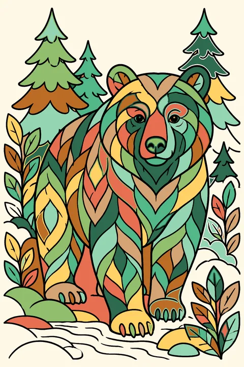 Bear in an intricate patterned forest coloring page