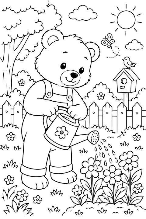 Bear watering plants coloring page