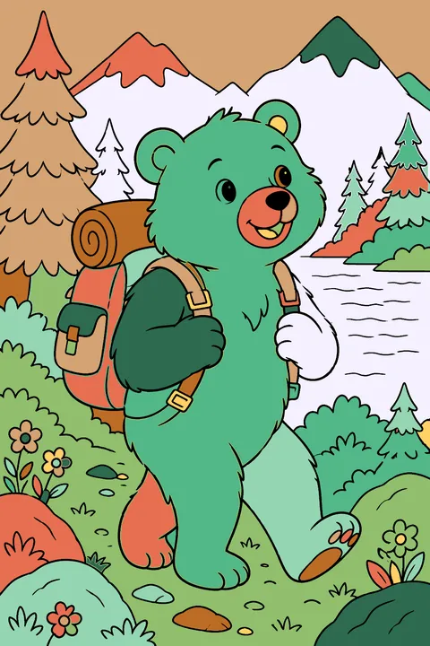 Bear hiking with a backpack coloring page