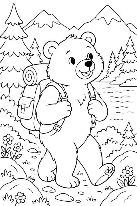 Bear hiking with a backpack coloring page