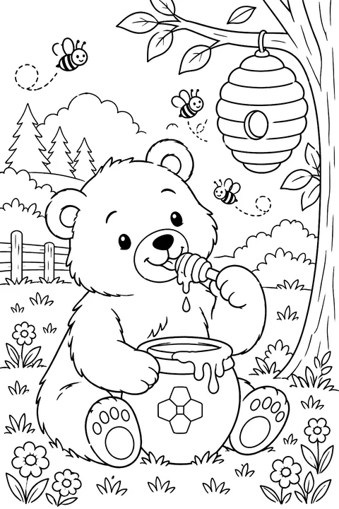 Bear eating honey from a pot near a beehive coloring page