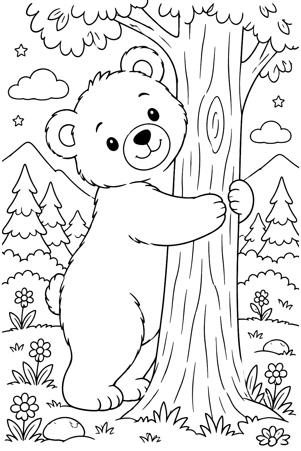Bear hugging a tree coloring page