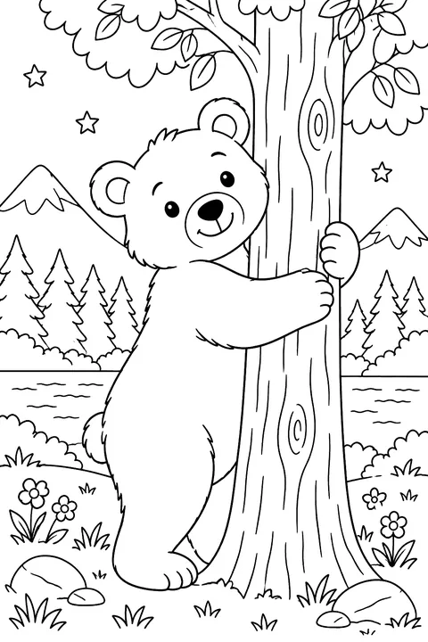 Bear hugging a tree coloring page