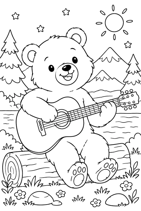 Bear playing a guitar coloring page